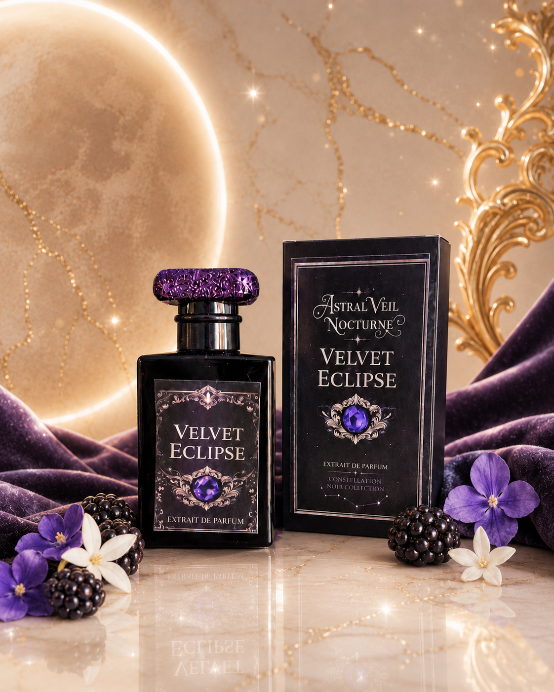 Perfume bottle and packaging of 'Velvet Eclipse' with decorative elements on a marble surface.