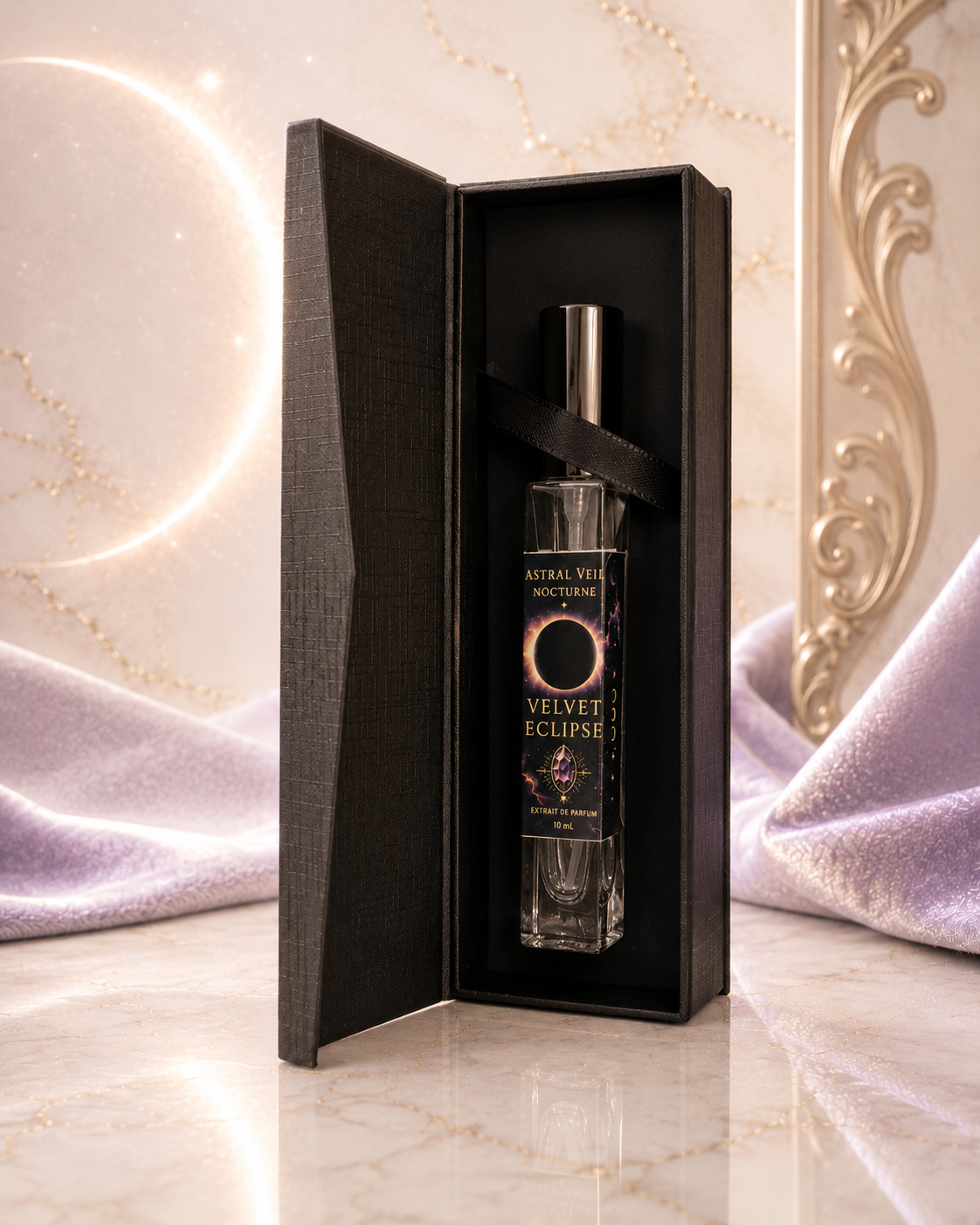 Velvet Eclipse perfume bottle in a black box with decorative background