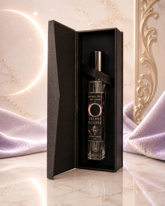 Velvet Eclipse perfume bottle in a black box with decorative background