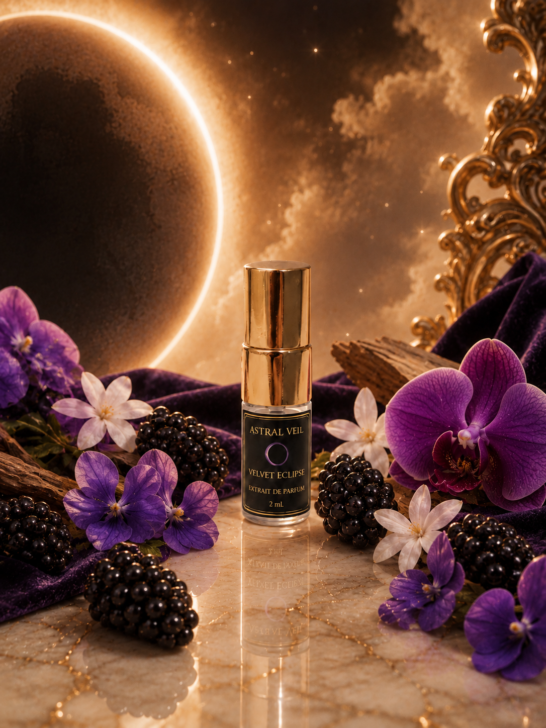 A small cosmetic bottle labeled 'Astral Vein Violet Eclipse' stands centered on a marble surface, surrounded by purple flowers, blackberries, and purple fabric, with a dramatic golden celestial scene in the background.